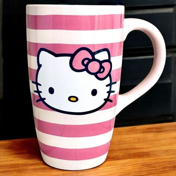 NWT Gorgeous Hello Kitty Pink Striped Glossy Ceramic Tall Travel Mug with lid - Picture 5 of 16